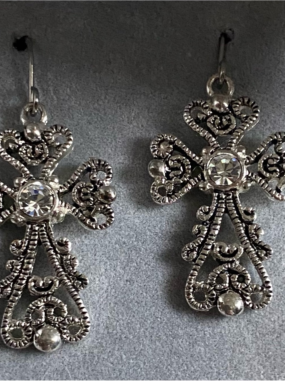 Macy's Silver-Tone Filigree Cross Earrings with Clear Stones
